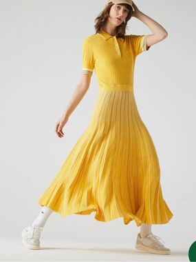 Lacoste Yellow Knit Polo Midi Dress with White Stripe Detail